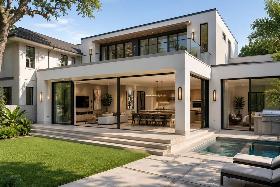 Modern rear addition with floor-to-ceiling glass joined to an existing two-story home — architectural rendering