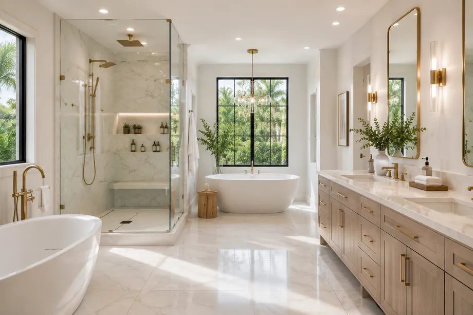 Primary bathroom with freestanding tub, marble shower, and brass fixtures — architectural rendering