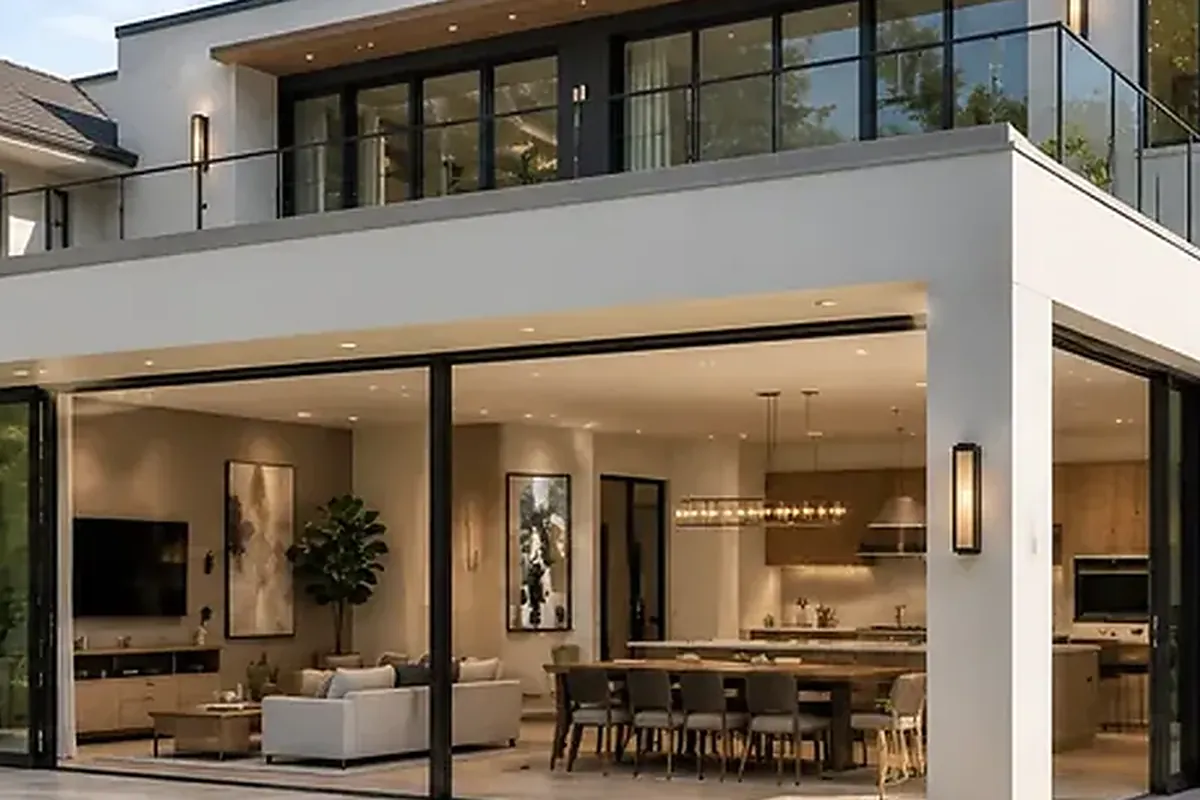 Covered terrace joining a modern rear addition — architectural rendering