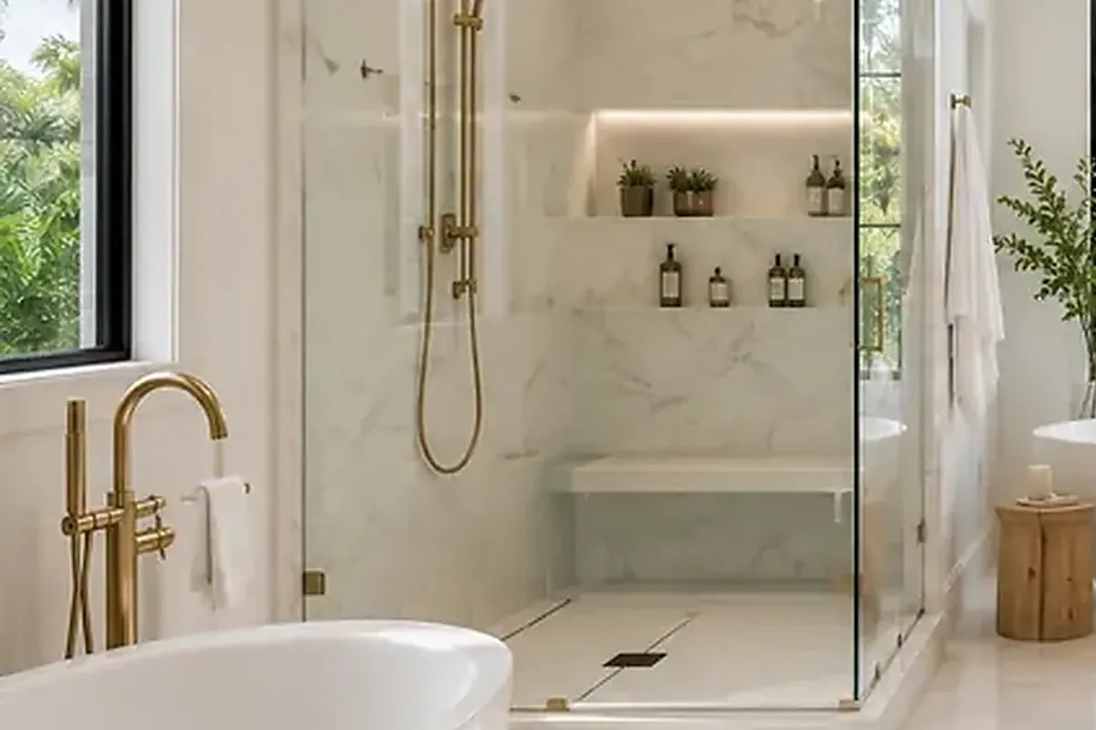Frameless glass shower and marble detailing in a primary bath — architectural rendering