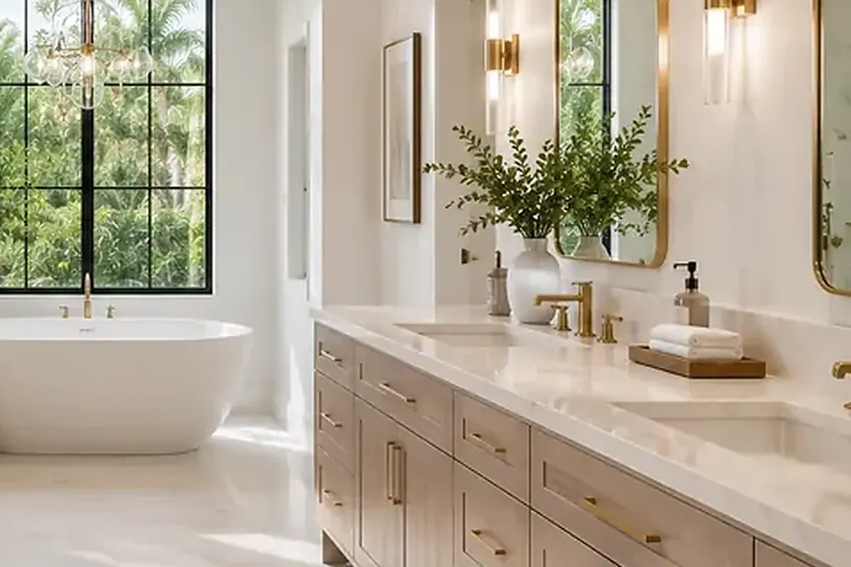 Double vanity and mirrors in a renovated primary bathroom — architectural rendering