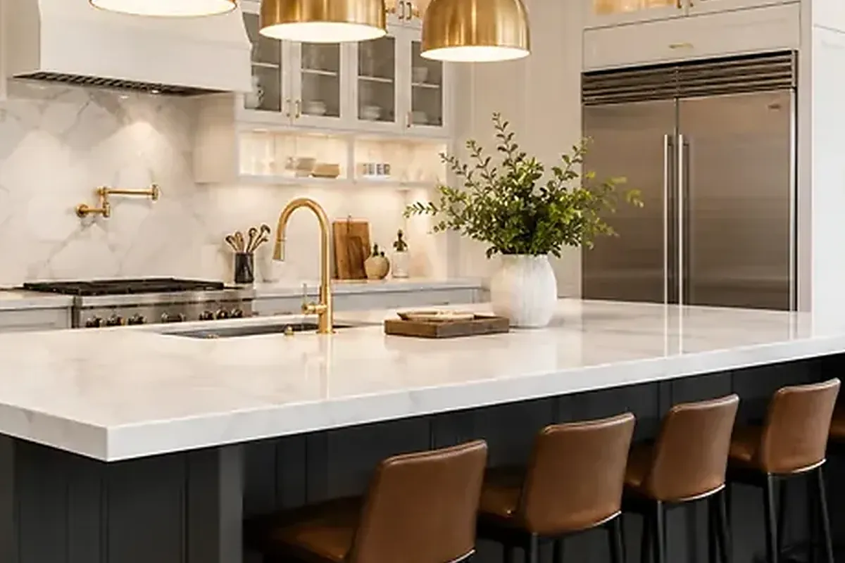 Marble backsplash and brass fittings in a renovated kitchen — architectural rendering