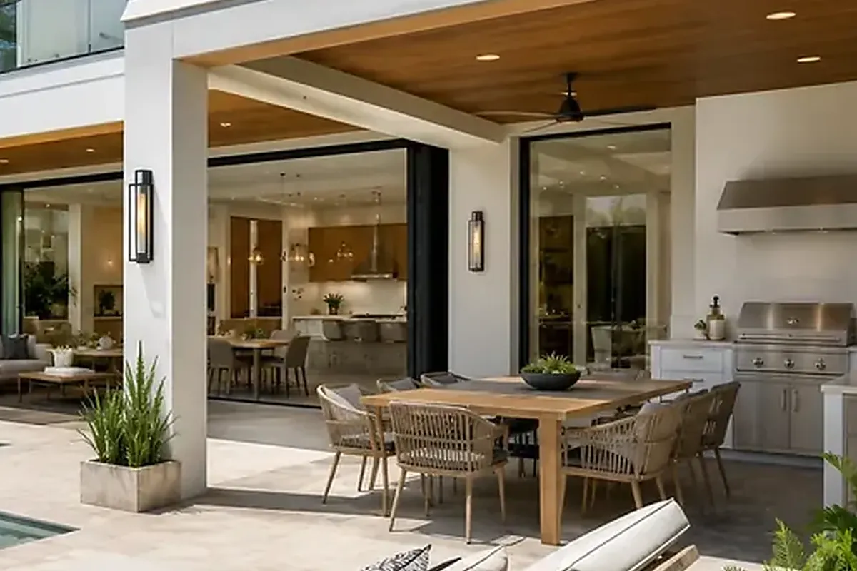 Summer kitchen under a covered outdoor terrace — architectural rendering