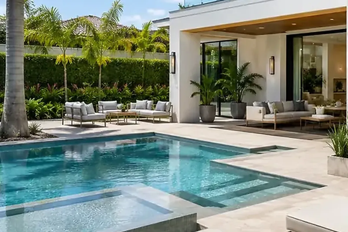 Pool terrace and seating beside a South Florida home — architectural rendering