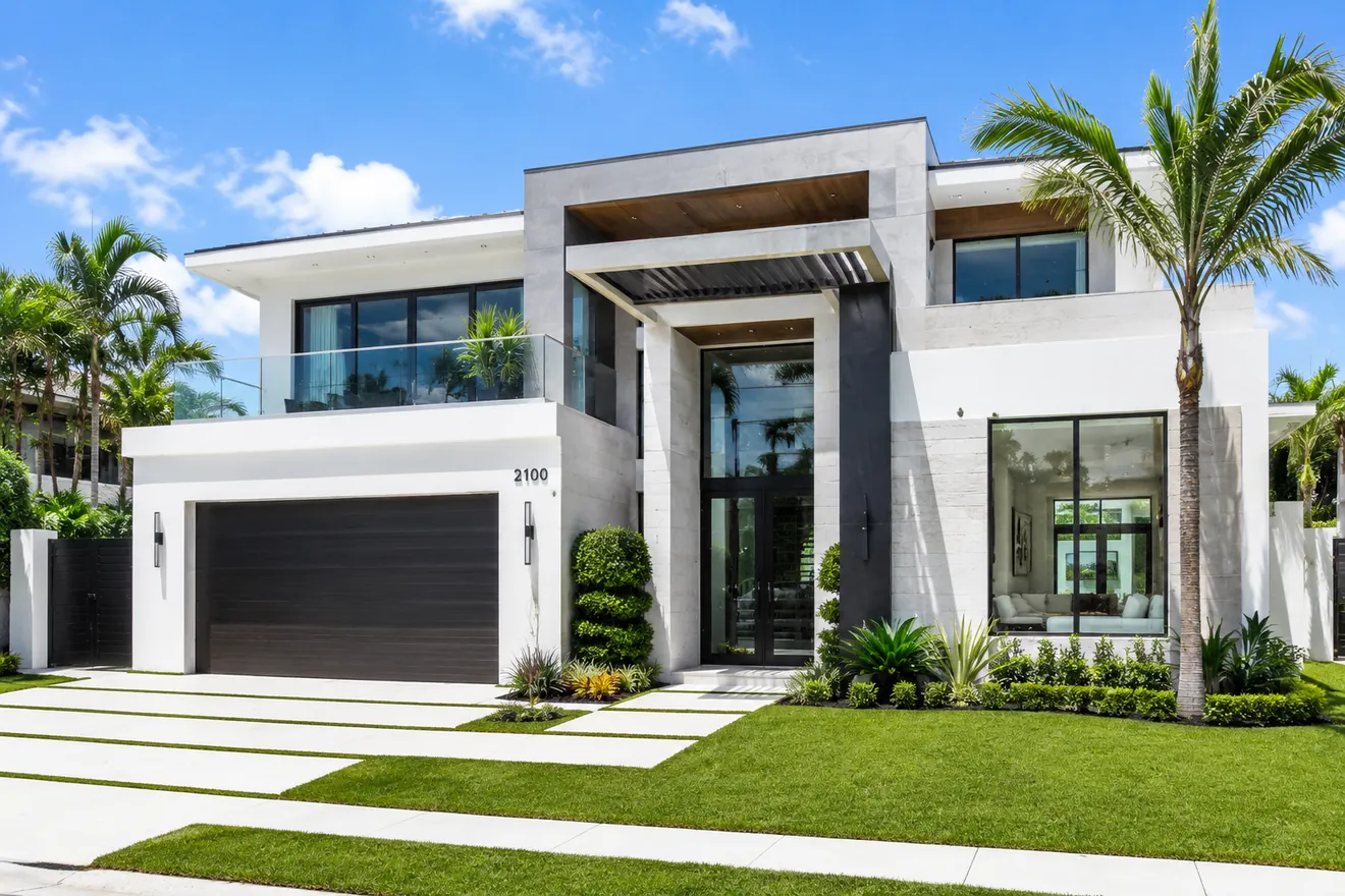 Modern two-story coastal home with royal palms — architectural rendering