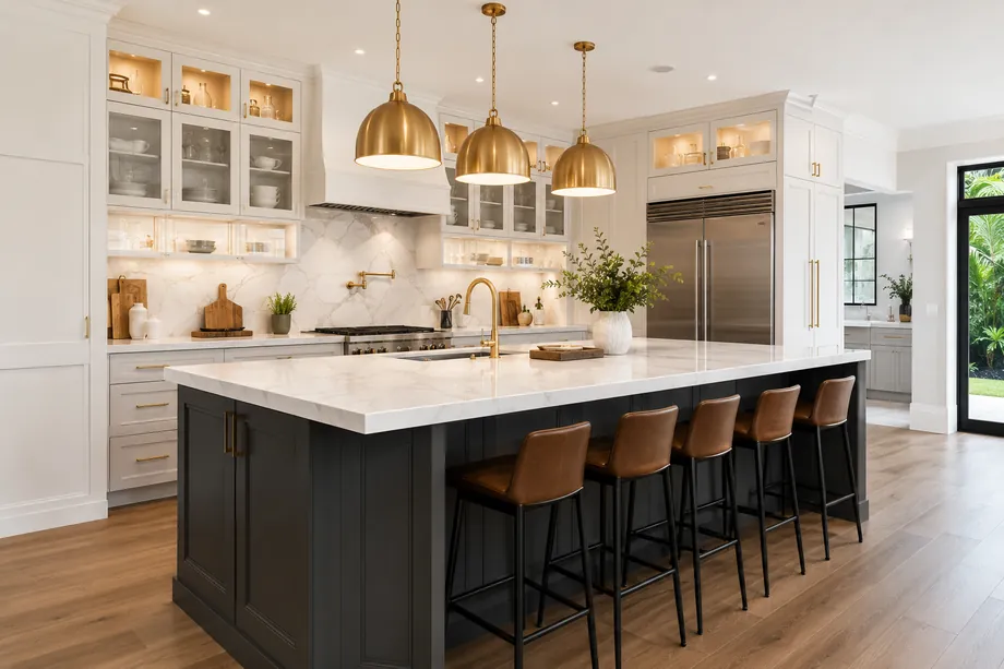 Renovated kitchen with marble island, brass pendants, and custom cabinetry — architectural rendering