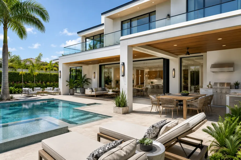 Covered outdoor living with summer kitchen, dining terrace, and pool — architectural rendering