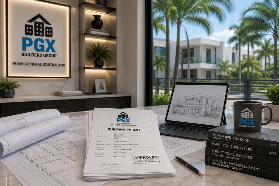 PGX Builders Group office with building plans, permit paperwork, and Florida Building Code volumes — architectural rendering