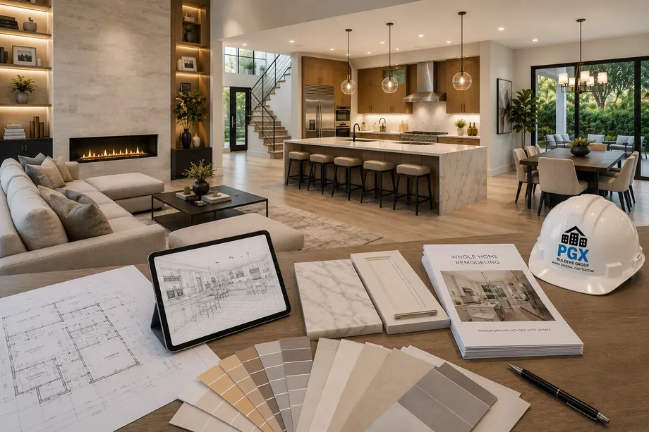 Open-plan remodeled living space with plans, finish samples, and a PGX hard hat — architectural rendering